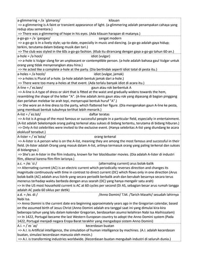 a-glimmering = /ə ˈɡlɪmərɪŋ/ kilauan
=> a-glimmering is A faint or transient appearance of light. (a-glimmering adalah penampakan cahaya yang
redup atau sementara.)
=> There was a-glimmering of hope in his eyes. (Ada kilauan harapan di matanya.)
a-go-go = /ə ˈɡəʊɡəʊ/ sangat modern
=> a-go-go is In a lively style; up-to-date, especially in music and dancing. (a-go-go adalah gaya hidup;
terkini, terutama dalam bidang musik dan tari.)
=> The club was styled in the 60s a-go-go fashion. (Klub itu dirancang dengan gaya a-go-go tahun 60-an.)
a-hole = /ə hoʊl/ idiot (vulgar)
=> a-hole is Vulgar slang for an unpleasant or contemptible person. (a-hole adalah bahasa gaul Vulgar untuk
orang yang tidak menyenangkan atau hina.)
=> He acted like a complete a-hole at the party. (Dia bertindak seperti idiot total di pesta itu.)
a-holes = /ə hoʊlz/ idiot (vulgar, jamak)
=> a-holes is Plural of a-hole. (a-hole adalah bentuk jamak dari a-hole.)
=> There were too many a-holes at that event. (Ada terlalu banyak idiot di acara itu.)
A-line = /ˈeɪ.laɪn/ gaun atau rok berbentuk A
=> A-line is A type of dress or skirt that is fitted at the waist and gradually widens towards the hem,
resembling the shape of the letter "A". (A-line adalah Jenis gaun atau rok yang dipasang di bagian pinggang
dan perlahan melebar ke arah tepi, menyerupai bentuk huruf "A".)
=> She wore an A-line dress to the party, which flattered her figure. (Dia mengenakan gaun A-line ke pesta,
yang membuat bentuk tubuhnya terlihat lebih menarik.)
A-list = /ˈeɪ.lɪst/ daftar teratas
=> A-list is A group of the most famous or successful people in a particular field, especially in entertainment.
(A-list adalah Sekelompok orang paling terkenal atau sukses di bidang tertentu, terutama di bidang hiburan.)
=> Only A-list celebrities were invited to the exclusive event. (Hanya selebritas A-list yang diundang ke acara
eksklusif tersebut.)
A-lister = /ˈeɪˈlɪstə/ orang terkenal
=> A-lister is A person who is on the A-list, meaning they are among the most famous and successful in their
field. (A-lister adalah Orang yang masuk dalam A-list, artinya termasuk orang yang paling terkenal dan sukses
di bidangnya.)
=> She's an A-lister in the film industry, known for her blockbuster movies. (Dia adalah A-lister di industri
film, dikenal karena film-film larisnya.)
a.c. = /eɪ ˈsiː/ (alternating current) arus bolak-balik
=> Alternating current (AC) is an electric current which periodically reverses direction and changes its
magnitude continuously with time in contrast to direct current (DC) which flows only in one direction (Arus
bolak-balik (AC) adalah arus listrik yang secara periodik berbalik arah dan berubah besarnya secara terus
menerus terhadap waktu berbeda dengan arus searah (DC) yang hanya mengalir satu arah)
=> In the US most household current is AC at 60 cycles per second (Di AS, sebagian besar arus rumah tangga
adalah AC pada 60 siklus per detik)
a.d. = /eɪ. diː/ /Anno Domini/ T.M. /Tarich Masehi/ sesudah lahirnya
Nabi Isa.
=> Anno Domini is the current date era beginning approximately years ago in the Gregorian calendar, based
on the assumed birth of Jesus Christ (Anno Domini adalah era tanggal saat ini yang dimulai kira-kira
beberapa tahun yang lalu dalam kalender Gregorian, berdasarkan asumsi kelahiran Nabi Isa Alaihissalam)
=> In 1422, Portugal became the last Western European country to adopt the Anno Domini system (Pada
1422, Portugal menjadi negara Eropa Barat terakhir yang mengadopsi sistem Anno Domini)
A.I. = /ˈeɪ ˈaɪ/ kecerdasan buatan
=> A.I. is Artificial intelligence, the simulation of human intelligence by machines. (A.I. adalah kecerdasan
buatan, simulasi kecerdasan manusia oleh mesin.)
=> A.I. is transforming industries worldwide. (Kecerdasan buatan mengubah industri di seluruh dunia.)
 