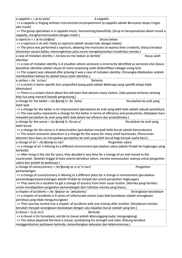 a cappella = /ˌæ kəˈpɛlə/ A cappella
=> a cappella is Singing without instrumental accompaniment (a cappella adalah Bernyanyi tanpa iringan
alat musik)
=> The group specializes in a cappella music, harmonizing beautifully. (Grup ini berspesialisasi dalam musik a
cappella, mengharmonisasikan dengan indah.)
a capriccio = /ˌæ kəˈprɪʧioʊ/ Secara bebas
=> a capriccio is At will; freely (a capriccio adalah sesuka hati; dengan bebas)
=> The piece was performed a capriccio, allowing the musicians to express their creativity. (Karya tersebut
dimainkan secara bebas, memungkinkan para musisi mengekspresikan kreativitas mereka.)
a case of mistaken identity = /eɪ keɪs ɒv mɪsˈteɪkən aɪˈdɛntɪti/ Kasus salah
identitas
=> a case of mistaken identity is A situation where someone is incorrectly identified as someone else (kasus
kesalahan identitas adalah situasi di mana seseorang salah diidentifikasi sebagai orang lain)
=> The suspect was released after proving it was a case of mistaken identity. (Tersangka dibebaskan setelah
membuktikan bahwa itu adalah kasus salah identitas.)
a certain = /eɪ ˈsɜːtən/ Tertentu
=> a certain is Some specific but unspecified (yang pasti adalah Beberapa yang spesifik tetapi tidak
ditentukan)
=> There is a certain charm about the old town that attracts many visitors. (Ada pesona tertentu tentang
kota tua yang menarik banyak pengunjung.)
a change for the better = /eɪ ʧeɪnʤ fɔː ðə ˈbɛtə/ Perubahan ke arah yang
lebih baik
=> a change for the better is An improvement (perubahan ke arah yang lebih baik adalah sebuah perbaikan)
=> The new policy represents a change for the better in terms of efficiency and productivity. (Kebijakan baru
mewakili perubahan ke arah yang lebih baik dalam hal efisiensi dan produktivitas.)
a change for the worse = /eɪ ʧeɪnʤ fɔː ðə wɜːs/ Perubahan ke arah yang
lebih buruk
=> a change for the worse is A deterioration (perubahan menjadi lebih buruk adalah Kemunduran)
=> The recent economic downturn is a change for the worse for many small businesses. (Penurunan
ekonomi baru-baru ini merupakan perubahan ke arah yang lebih buruk bagi banyak usaha kecil.)
a change of air = /eɪ ʧeɪnʤ ɒv ɛər/ Pergantian udara
=> a change of air is Moving to a different environment (perubahan udara adalah Pindah ke lingkungan yang
berbeda)
=> After living in the city for years, they decided it was time for a change of air and moved to the
countryside. (Setelah tinggal di kota selama bertahun-tahun, mereka memutuskan saatnya untuk pergantian
udara dan pindah ke pedesaan.)
a change of scene/scenery = /eɪ ʧeɪnʤ ɒv siːn/ˈsiːnəri/ Pergantian
pemandangan
=> a change of scene/scenery is Moving to a different place for a change in environment (perubahan
pemandangan/pemandangan adalah Pindah ke tempat lain untuk perubahan lingkungan)
=> They went on a vacation to get a change of scenery from their usual routine. (Mereka pergi berlibur
untuk mendapatkan pergantian pemandangan dari rutinitas mereka yang biasa.)
a chapter of accidents = /eɪ ˈʧæptər ɒv ˈæksɪdənts/ Serangkaian kecelakaan
=> a chapter of accidents is A series of unfortunate events (satu bab kecelakaan adalah serangkaian
peristiwa yang tidak menguntungkan)
=> Their journey turned into a chapter of accidents with one mishap after another. (Perjalanan mereka
berubah menjadi serangkaian kecelakaan dengan satu kejadian buruk setelah yang lain.)
à cheval = /a ʃəˈvɑːl/ Berkuda
=> à cheval is On horseback; astride (à cheval adalah Menunggang kuda; mengangkang)
=> The statue depicted the hero à cheval, symbolizing his strength and valor. (Patung tersebut
menggambarkan pahlawan berkuda, melambangkan kekuatan dan keberaniannya.)
 