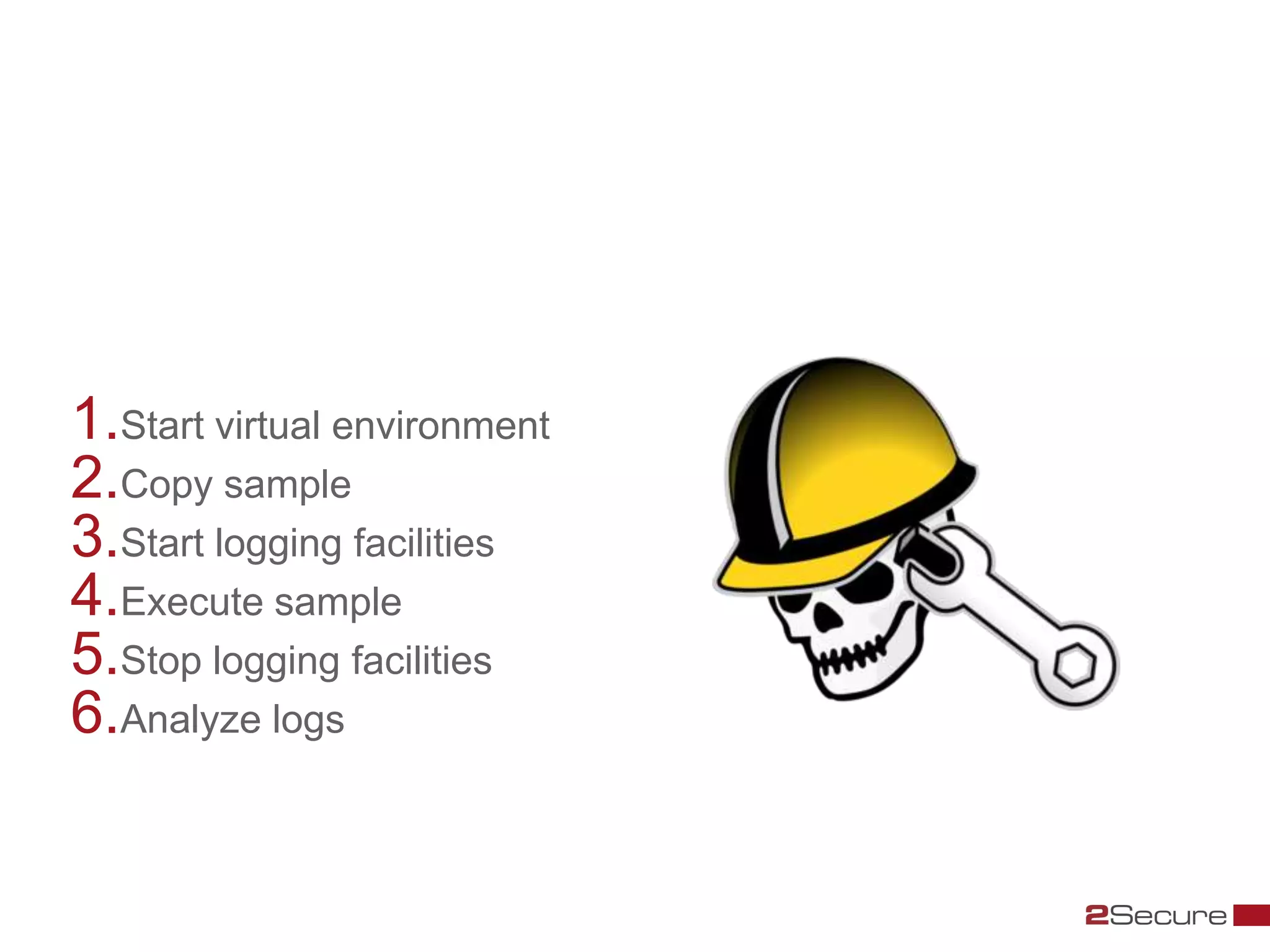 The manual way
1.Start virtual environment
2.Copy sample
3.Start logging facilities
4.Execute sample
5.Stop logging facilities
6.Analyze logs
 
