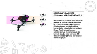 Arıkovanı’nda fonlanan yerli drone’un
adı Ape X, en çok kolay kullanılabilir
bir drone olmasıyla dikkat çekiyor.
Ekip tarafından geliştirilen Mime
kumanda bu kolay kullanımı sağlıyor.
Ayrıca Ape X gimbal kamera
sabitleyicisi ve 4K kamerasıyla da
havada olduğu süre boyunca 30
dakikaya kadar görüntü alışverişine
olanak sağlıyor.
Arıkovanı’nda Rekor
Fonlama: Yerlİ Drone Ape X!
 