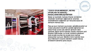 Moda ve kozmetik markası Chanel, ürünlerinin
tüketiciler tarafından eğlenceli bir ortamda
keşfedilmesini sağlamak için Tokyo'da eşsiz bir
deneyim merkezi açtı.
Pop-up oyun merkezi, oyuncuları, güzellikseverleri ve
moda tutkunlarını keyifli bir şekilde ağırlamak için
bolca fırsat sunan çok katlı bir deneyim alanı
şeklinde. Alanın birinci katında, Chanel, markanın yeni
ilkbahar 2018 dudak ve tırnak renklerini gösteren
özel arcade oyunları ile arcade tarzı makyaj
istasyonları sunuyor. Mekânın ikinci katında, Coco
Oyun Merkezi'ni ziyaret edenlerin çeşitli makyaj
örneklerini deneme şansı oluyor.
"Coco Oyun Merkezi", Retro
Oyunları ve Makyaj
Masalarını BİRLEŞTİRİYOR!
 