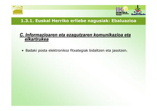 1.3.1. Euskal Herriko erliebe nagusiak: Ebaluazioa


C. Informazioaren eta ezagutzaren komunikazioa eta
  elkartrukea

• Badaki posta elektronikoz fitxategiak bidaltzen eta jasotzen.
 