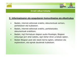 Irrati-elkarrizketa


C. Informazioaren eta ezagutzaren komunikazioa eta elkartrukea

 •   Badaki, internet-editoreak erabiliz, dokumentuak sortzen,
     partekatzen eta kudeatzen.
 •   Badaki, internet-editoreak erabiliz, partekatutako
     dokumentuak erabiltzen.
 •   Badaki, mp3 formatuan dagoen audio-fitxategia, Blogean
     entzungai jarri ahal izateko, egin behar diren urratsak egiten.
 •   Badaki Blogean post edo idazki berria egiten, editatzen eta
     argitaratzen, eta eginak daudenak kudeatzen.
 