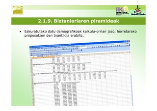 2.1.9. Biztanleriaren piramideak

• Eskuratutako datu demografikoak kalkulu-orrian jaso, horretarako
  proposatzen den txantiloia erabiliz.
 