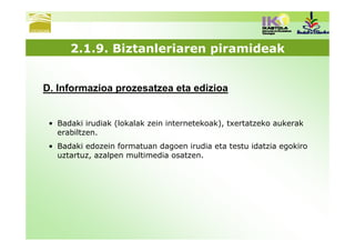 2.1.9. Biztanleriaren piramideak


D. Informazioa prozesatzea eta edizioa


 • Badaki irudiak (lokalak zein internetekoak), txertatzeko aukerak
   erabiltzen.
 • Badaki edozein formatuan dagoen irudia eta testu idatzia egokiro
   uztartuz, azalpen multimedia osatzen.
 