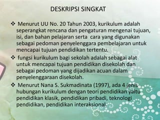 DESKRIPSI SINGKAT

? Menurut UU No. 20 Tahun 2003, kurikulum adalah
 seperangkat rencana dan pengaturan mengenai tujuan,
 isi, dan bahan pelajaran serta cara yang digunakan
 sebagai pedoman penyelenggara pembelajaran untuk
 mencapai tujuan pendidikan tertentu.
? fungsi kurikulum bagi sekolah adalah sebagai alat
 untuk mencapai tujuan pendidikan disekolah dan
 sebagai pedoman yang dijadikan acuan dalam
 penyelenggaraan disekolah.
? Menurut Nana S. Sukmadinata (1997), ada 4 jenis
 hubungan kurikulum dengan teori pendidikan yaitu
 pendidikan klasik, pendidikan pribadi, teknologi
 pendidikan, pendidikan interaksional.
 