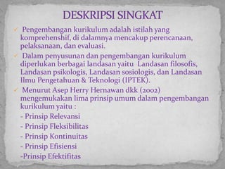 ? Pengembangan kurikulum adalah istilah yang
 komprehenshif, di dalamnya mencakup perencanaan,
 pelaksanaan, dan evaluasi.
? Dalam penyusunan dan pengembangan kurikulum
 diperlukan berbagai landasan yaitu Landasan filosofis,
 Landasan psikologis, Landasan sosiologis, dan Landasan
 Ilmu Pengetahuan & Teknologi (IPTEK).
? Menurut Asep Herry Hernawan dkk (2002)
 mengemukakan lima prinsip umum dalam pengembangan
 kurikulum yaitu :
 - Prinsip Relevansi
 - Prinsip Fleksibilitas
 - Prinsip Kontinuitas
 - Prinsip Efisiensi
 -Prinsip Efektifitas
 
