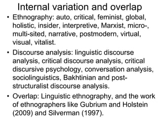 Internal variation and overlap
• Ethnography: auto, critical, feminist, global,
holistic, insider, interpretive, Marxist, micro-,
multi-sited, narrative, postmodern, virtual,
visual, vitalist.
• Discourse analysis: linguistic discourse
analysis, critical discourse analysis, critical
discursive psychology, conversation analysis,
sociolinguistics, Bakhtinian and post-
structuralist discourse analysis.
• Overlap: Linguistic ethnography, and the work
of ethnographers like Gubrium and Holstein
(2009) and Silverman (1997).
 
