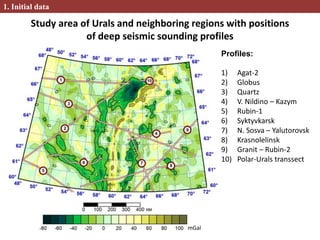 Study area of Urals and neighboring regions with positions
of deep seismic sounding profiles
Profiles:
1) Agat-2
2) Globus
3) Quartz
4) V. Nildino – Kazym
5) Rubin-1
6) Syktyvkarsk
7) N. Sosva – Yalutorovsk
8) Krasnolelinsk
9) Granit – Rubin-2
10) Polar-Urals transsect
1. Initial data
mGal
 