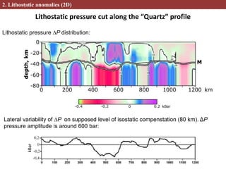 Lithostatic pressure cut along the “Quartz” profile
2. Lithostatic anomalies (2D)
Lateral variability of ∆P on supposed level of isostatic compenstation (80 km). ΔР
pressure amplitude is around 600 bar:
Lithostatic pressure ∆P distribution:
kBar
 