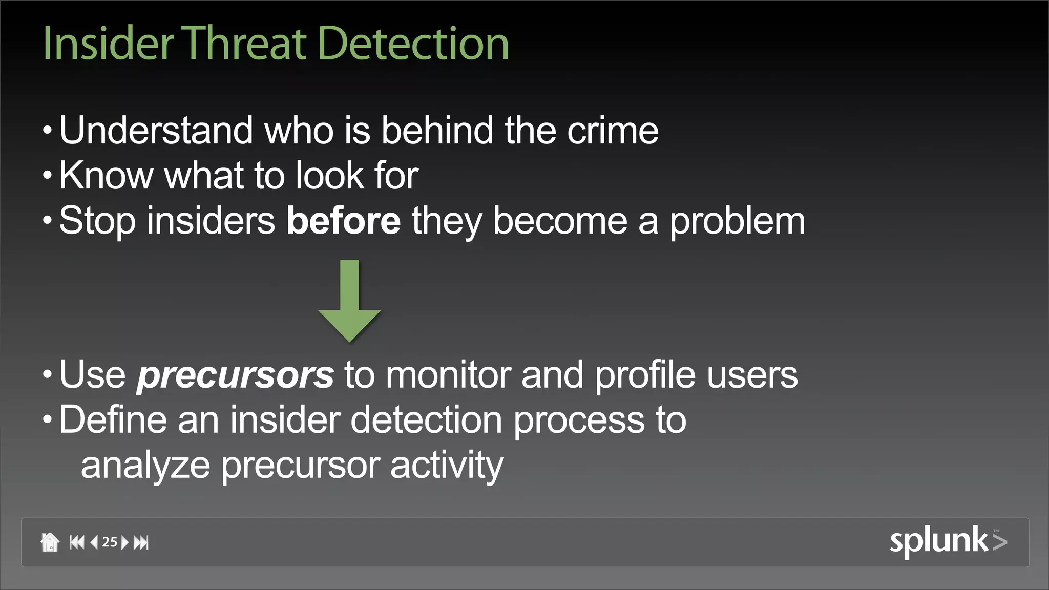 Insider Threat Detection
• Understand who is behind the crime
• Know what to look for
• Stop insiders before they become a problem


• Use precursors to monitor and profile users
• Define an insider detection process to
   analyze precursor activity
   25
 