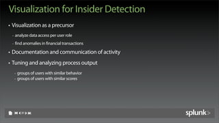 Visualization for Insider Detection
• Visualization as a precursor
 -   analyze data access per user role
 -   find anomal...