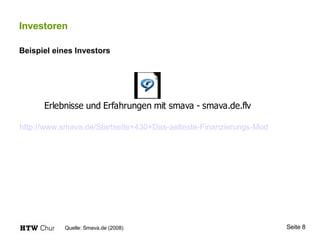 Investoren Beispiel eines Investors http://www.smava.de/Startseite+430+Das-aelteste-Finanzierungs-Modell-der-Welt.html   Quelle: Smava.de (2008) 