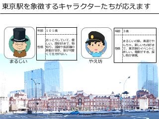 まるじい やえ坊
年齢 １０１歳
性格
おっとりしていて、優
しい。歴史好きで、物
知り。混雑や⻑距離の
移動が苦⼿。孫が可愛
くて仕⽅がない。
年齢 ３歳
性格
まるじいの孫。素直でや
んちゃ。新しいもの好き
で、東京駅のイベントに
詳しい。電⾞がすき。探
し物が得意。
東京駅を象徴するキャラクターたちが応えます
 