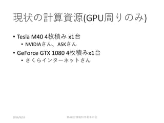 現状の計算資源(GPU周りのみ)
• Tesla M40 4枚積み x1台
• NVIDIAさん、ASKさん
• GeForce GTX 1080 4枚積みx1台
• さくらインターネットさん
2016/9/18 第49回 情報科学若手の会
 