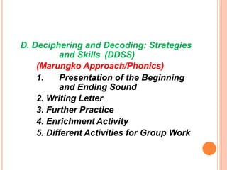 D. Deciphering and Decoding: Strategies
and Skills (DDSS)
(Marungko Approach/Phonics)
1. Presentation of the Beginning
and Ending Sound
2. Writing Letter
3. Further Practice
4. Enrichment Activity
5. Different Activities for Group Work
 