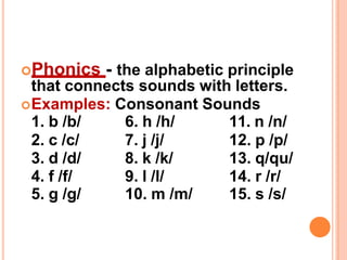Phonics - the alphabetic principle
that connects sounds with letters.
Examples: Consonant Sounds
1. b /b/ 6. h /h/ 11. n /n/
2. c /c/ 7. j /j/ 12. p /p/
3. d /d/ 8. k /k/ 13. q/qu/
4. f /f/ 9. l /l/ 14. r /r/
5. g /g/ 10. m /m/ 15. s /s/
 