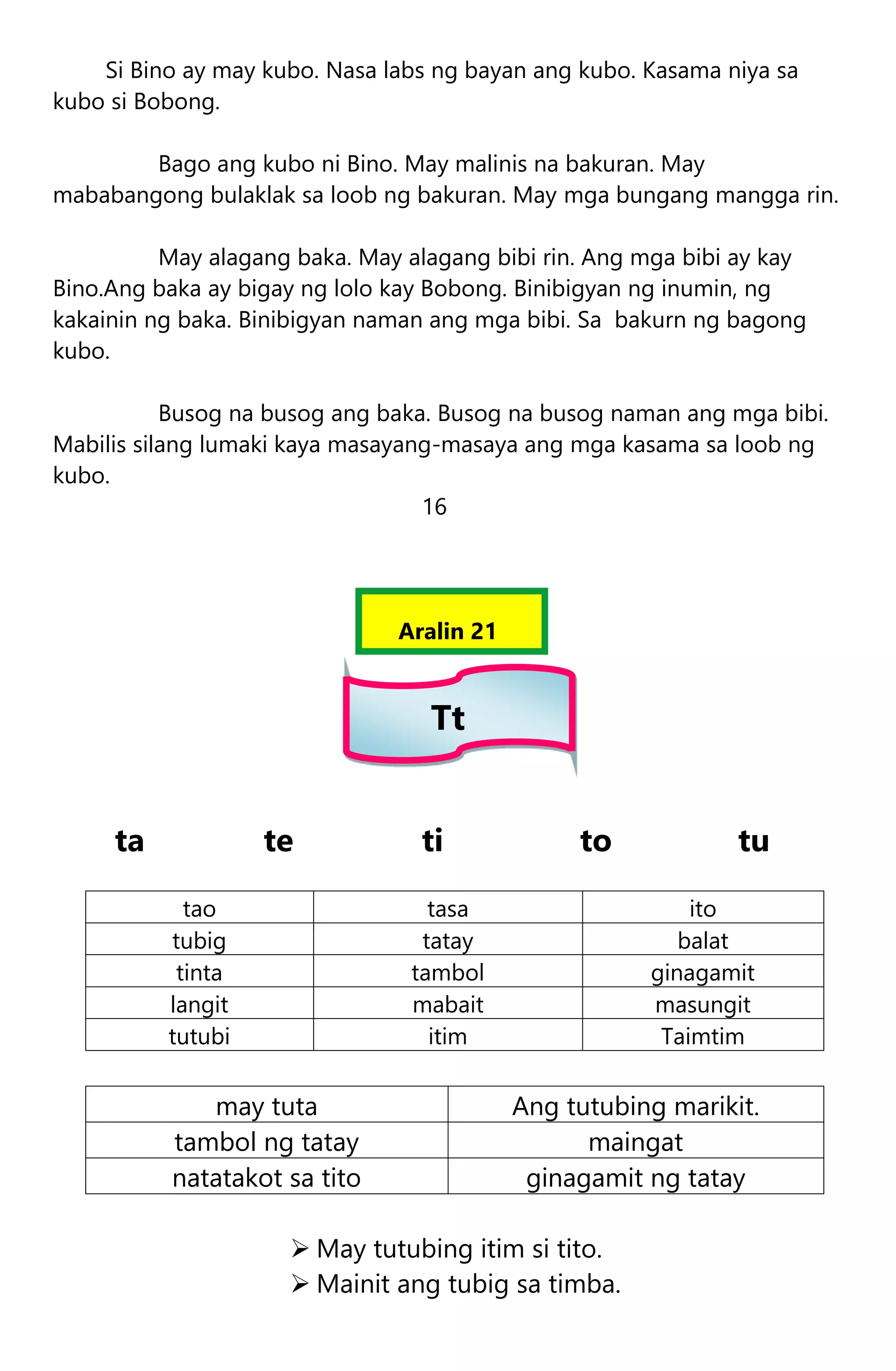 Si Bino ay may kubo. Nasa labs ng bayan ang kubo. Kasama niya sa
kubo si Bobong.
Bago ang kubo ni Bino. May malinis na bakuran. May
mababangong bulaklak sa loob ng bakuran. May mga bungang mangga rin.
May alagang baka. May alagang bibi rin. Ang mga bibi ay kay
Bino.Ang baka ay bigay ng lolo kay Bobong. Binibigyan ng inumin, ng
kakainin ng baka. Binibigyan naman ang mga bibi. Sa bakurn ng bagong
kubo.
Busog na busog ang baka. Busog na busog naman ang mga bibi.
Mabilis silang lumaki kaya masayang-masaya ang mga kasama sa loob ng
kubo.
16
Aralin 21
Tt
ta te ti to tu
tao tasa ito
tubig tatay balat
tinta tambol ginagamit
langit mabait masungit
tutubi itim Taimtim
may tuta Ang tutubing marikit.
tambol ng tatay maingat
natatakot sa tito ginagamit ng tatay
 May tutubing itim si tito.
 Mainit ang tubig sa timba.
 
