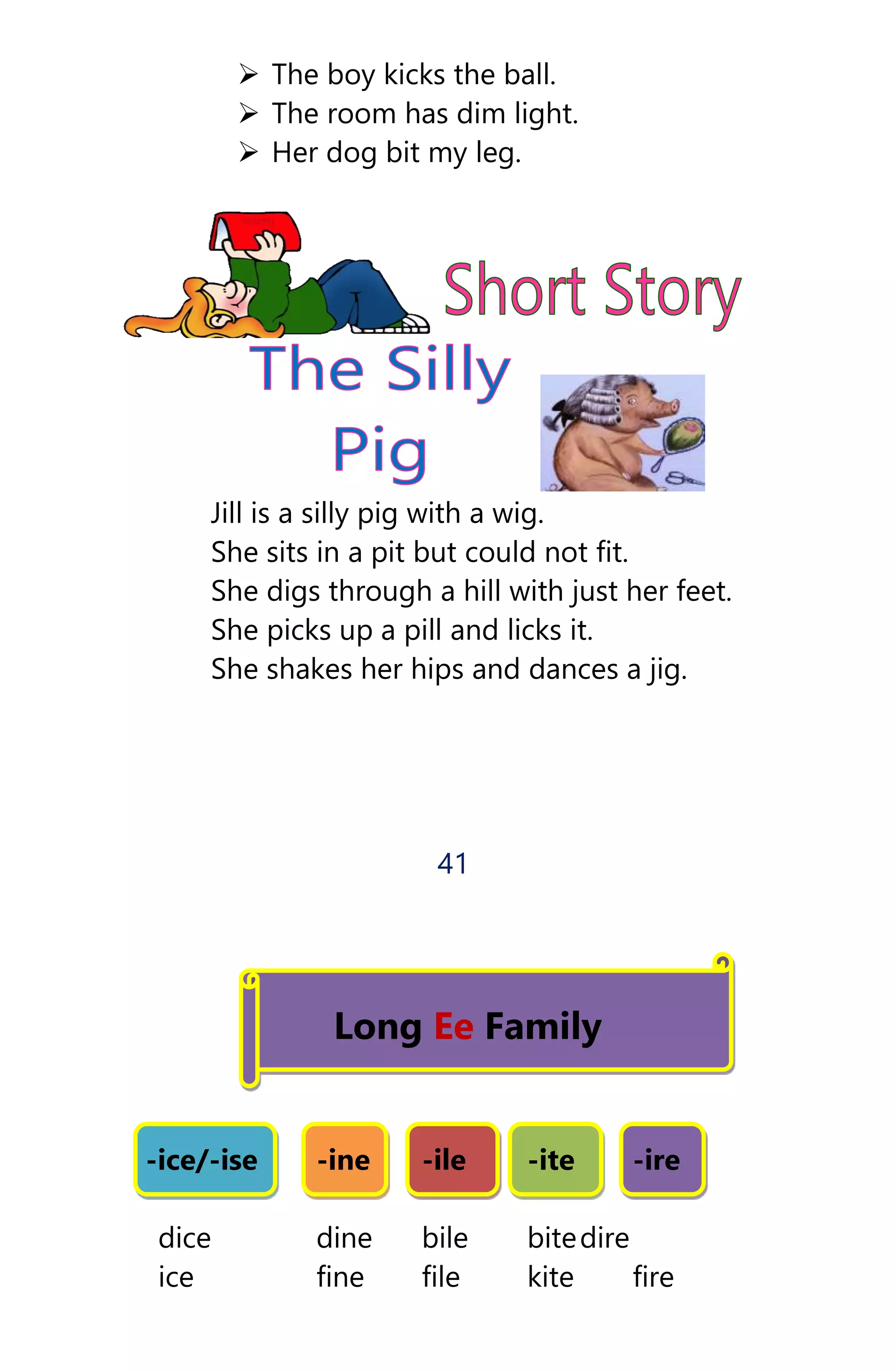  The boy kicks the ball.
 The room has dim light.
 Her dog bit my leg.
Jill is a silly pig with a wig.
She sits in a pit but could not fit.
She digs through a hill with just her feet.
She picks up a pill and licks it.
She shakes her hips and dances a jig.
41
Long Ee Family
-ice/-ise -ine -ile -ite -ire
dice dine bile bitedire
ice fine file kite fire
 
