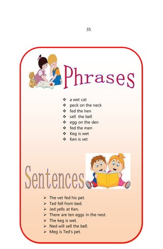 35
 a wet cat
 peck on the neck
 fed the hen
 sell the bell
 egg on the den
 fed the men
 Keg is wet
 Ken is vet
 The vet fed his pet.
 Ted fell from bed.
 Jed yells at Ken.
 There are ten eggs in the nest.
 The keg is wet.
 Ned will sell the bell.
 Meg is Ted’s pet.
 
