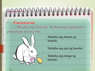 Mahaba ang buntot ng
kuneho.
Mahaba ang paa ng kuneho.
Mahaba ang tainga ng
kuneho.
 