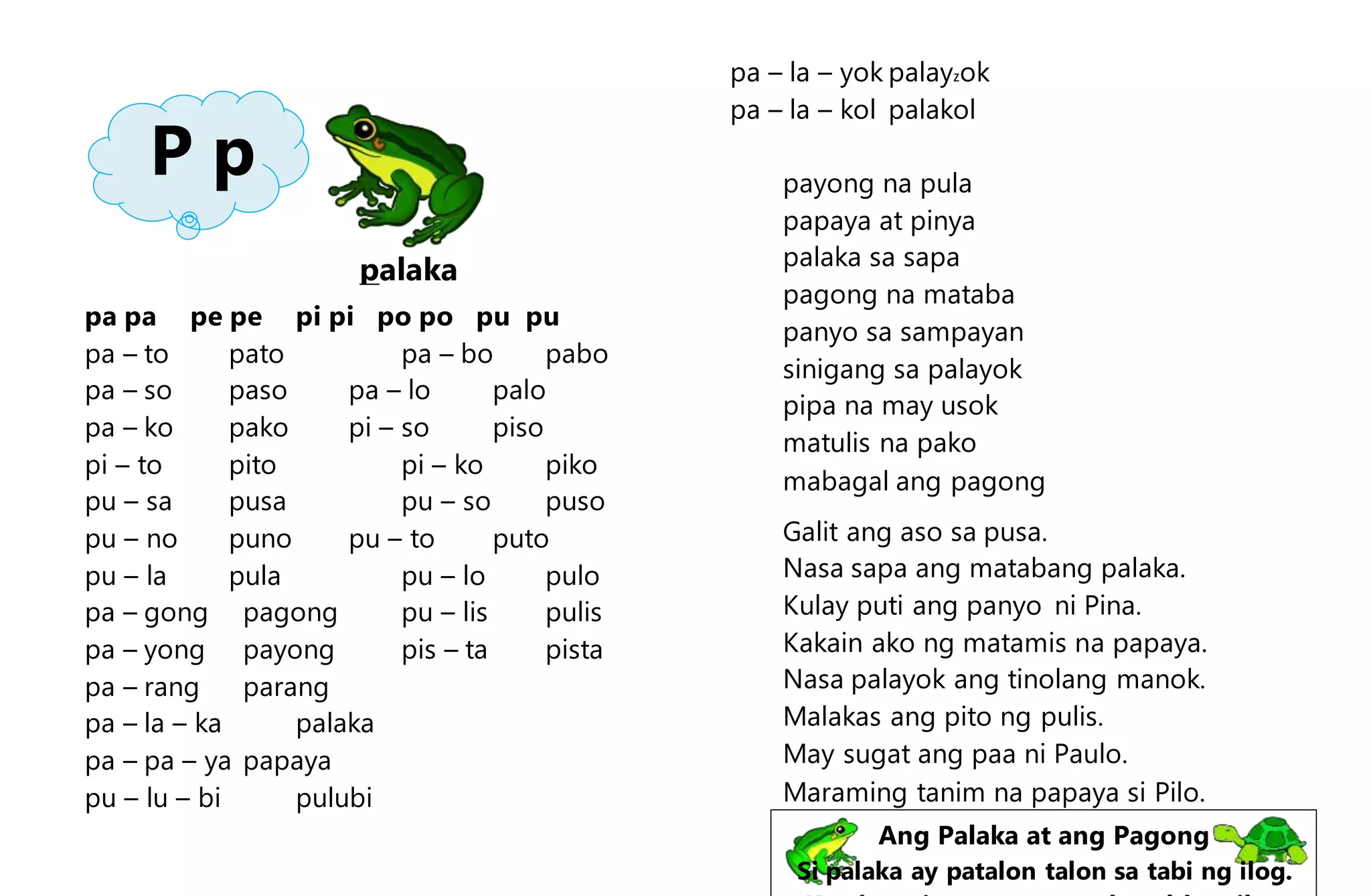 pa pa pe pe pi pi po po pu pu
pa – to pato pa – bo pabo
pa – so paso pa – lo palo
pa – ko pako pi – so piso
pi – to pito pi – ko piko
pu – sa pusa pu – so puso
pu – no puno pu – to puto
pu – la pula pu – lo pulo
pa – gong pagong pu – lis pulis
pa – yong payong pis – ta pista
pa – rang parang
pa – la – ka palaka
pa – pa – ya papaya
pu – lu – bi pulubi
pa – la – yok palayzok
pa – la – kol palakol
payong na pula
papaya at pinya
palaka sa sapa
pagong na mataba
panyo sa sampayan
sinigang sa palayok
pipa na may usok
matulis na pako
mabagal ang pagong
Galit ang aso sa pusa.
Nasa sapa ang matabang palaka.
Kulay puti ang panyo ni Pina.
Kakain ako ng matamis na papaya.
Nasa palayok ang tinolang manok.
Malakas ang pito ng pulis.
May sugat ang paa ni Paulo.
Maraming tanim na papaya si Pilo.
P p
palaka
Ang Palaka at ang Pagong
Si palaka ay patalon talon sa tabi ng ilog.
 