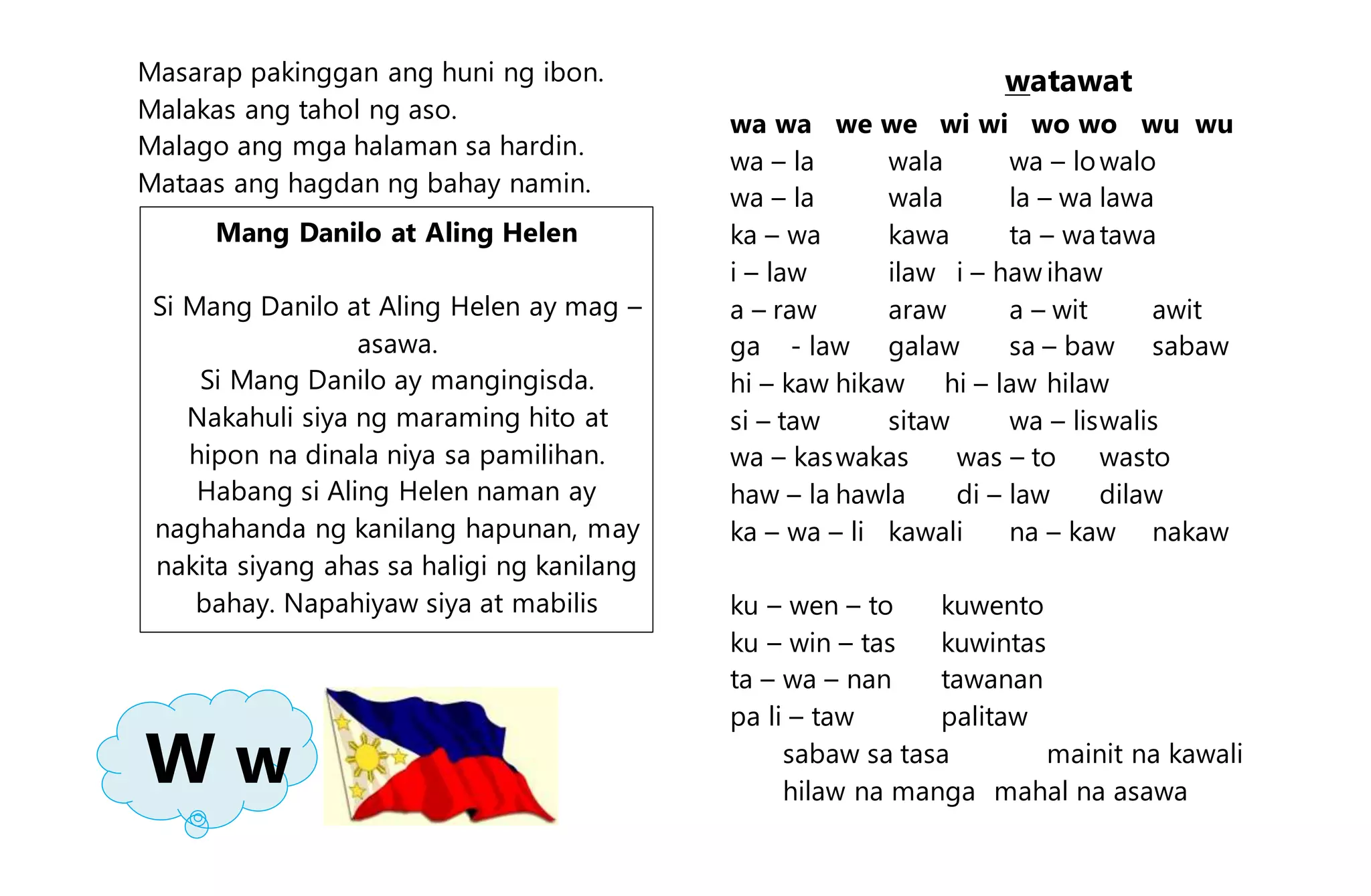 Masarap pakinggan ang huni ng ibon.
Malakas ang tahol ng aso.
Malago ang mga halaman sa hardin.
Mataas ang hagdan ng bahay namin.
wa wa we we wi wi wo wo wu wu
wa – la wala wa – lowalo
wa – la wala la – wa lawa
ka – wa kawa ta – watawa
i – law ilaw i – haw ihaw
a – raw araw a – wit awit
ga - law galaw sa – baw sabaw
hi – kaw hikaw hi – law hilaw
si – taw sitaw wa – liswalis
wa – kaswakas was – to wasto
haw – la hawla di – law dilaw
ka – wa – li kawali na – kaw nakaw
ku – wen – to kuwento
ku – win – tas kuwintas
ta – wa – nan tawanan
pa li – taw palitaw
sabaw sa tasa mainit na kawali
hilaw na manga mahal na asawa
Mang Danilo at Aling Helen
Si Mang Danilo at Aling Helen ay mag –
asawa.
Si Mang Danilo ay mangingisda.
Nakahuli siya ng maraming hito at
hipon na dinala niya sa pamilihan.
Habang si Aling Helen naman ay
naghahanda ng kanilang hapunan, may
nakita siyang ahas sa haligi ng kanilang
bahay. Napahiyaw siya at mabilis
tumakbo palabas ng bahay.
W w
watawat
 