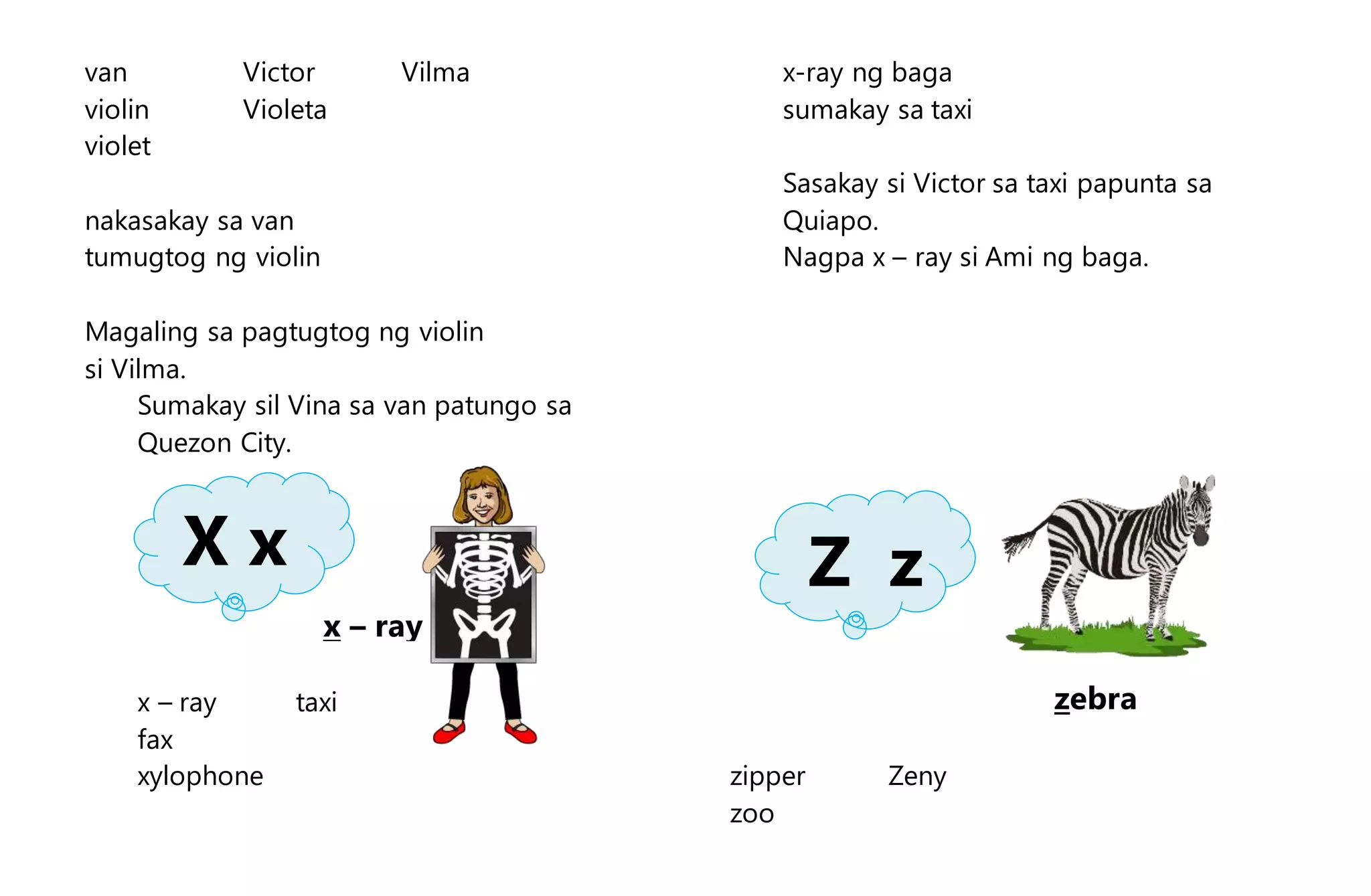 van Victor Vilma
violin Violeta
violet
nakasakay sa van
tumugtog ng violin
Magaling sa pagtugtog ng violin
si Vilma.
Sumakay sil Vina sa van patungo sa
Quezon City.
x – ray taxi
fax
xylophone
x-ray ng baga
sumakay sa taxi
Sasakay si Victor sa taxi papunta sa
Quiapo.
Nagpa x – ray si Ami ng baga.
zipper Zeny
zoo
X x
x – ray
Z z
zebra
 