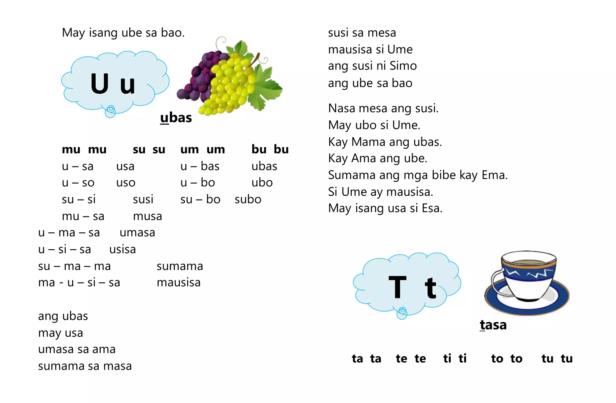 May isang ube sa bao.
mu mu su su um um bu bu
u – sa usa u – bas ubas
u – so uso u – bo ubo
su – si susi su – bo subo
mu – sa musa
u – ma – sa umasa
u – si – sa usisa
su – ma – ma sumama
ma - u – si – sa mausisa
ang ubas
may usa
umasa sa ama
sumama sa masa
susi sa mesa
mausisa si Ume
ang susi ni Simo
ang ube sa bao
Nasa mesa ang susi.
May ubo si Ume.
Kay Mama ang ubas.
Kay Ama ang ube.
Sumama ang mga bibe kay Ema.
Si Ume ay mausisa.
May isang usa si Esa.
ta ta te te ti ti to to tu tu
ubas
tasa
U u
T t
 
