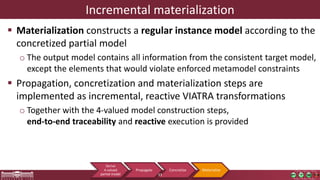 Incremental materialization
 Materialization constructs a regular instance model according to the
concretized partial model
o The output model contains all information from the consistent target model,
except the elements that would violate enforced metamodel constraints
 Propagation, concretization and materialization steps are
implemented as incremental, reactive VIATRA transformations
o Together with the 4-valued model construction steps,
end-to-end traceability and reactive execution is provided
Derive
4-valued
partial model
Propagate Concretize Materialize
33
 