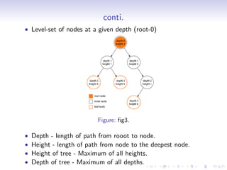 conti.
• Level-set of nodes at a given depth (root-0)
Figure: ﬁg3.
• Depth - length of path from rooot to node.
• Height - length of path from node to the deepest node.
• Height of tree - Maximum of all heights.
• Depth of tree - Maximum of all depths.
 