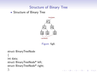 Structure of Binary Tree
• Structure of Binary Tree
Figure: ﬁg8.
struct BinaryTreeNode
{
int data;
struct BinaryTreeNode* left;
struct BinaryTreeNode* right;
};
 