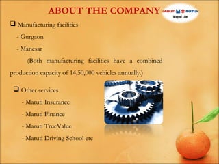 ABOUT THE COMPANY
 Manufacturing facilities
- Gurgaon
- Manesar
(Both manufacturing facilities have a combined
production capacity of 14,50,000 vehicles annually.)
 Other services
- Maruti Insurance
- Maruti Finance
- Maruti TrueValue
- Maruti Driving School etc

 