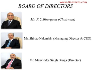 www.dineshvns.com

BOARD OF DIRECTORS
Mr. R.C.Bhargava (Chairman)

Mr. Shinzo Nakanishi (Managing Director & CEO)

Mr. Manvinder Singh Banga (Director)

 