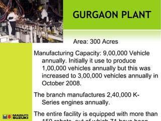 GURGAON PLANT
Area: 300 Acres
Manufacturing Capacity: 9,00,000 Vehicle
annually. Initially it use to produce
1,00,000 vehicles annually but this was
increased to 3,00,000 vehicles annually in
October 2008.
The branch manufactures 2,40,000 KSeries engines annually.
The entire facility is equipped with more than

 