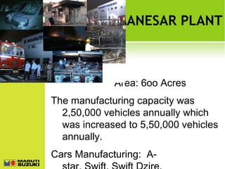 MANESAR PLANT

Area: 6oo Acres
The manufacturing capacity was
2,50,000 vehicles annually which
was increased to 5,50,000 vehicles
annually.
Cars Manufacturing:  A-

 