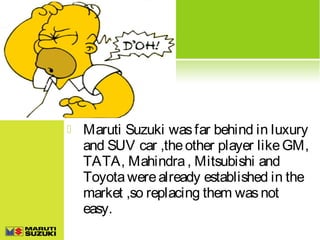 

Maruti Suzuki was far behind in luxury
and SUV car ,the other player like GM,
TATA, Mahindra , Mitsubishi and
Toyota were already established in the
market ,so replacing them was not
easy.

 