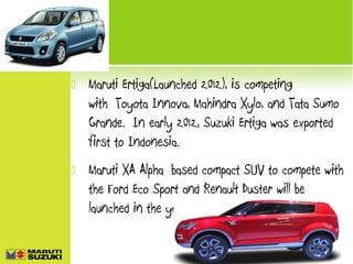 

Maruti Ertiga(Launched 2012), is competing
with Toyota Innova, Mahindra Xylo, and Tata Sumo
Grande. In early 2012, Suzuki Ertiga was exported
first to Indonesia.



Maruti XA Alpha based compact SUV to compete with
the Ford Eco Sport and Renault Duster will be
launched in the year 2014.

 