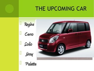 THE UPCOMING CAR


Regina



Cervo



Solio



Jimny



Palette

 
