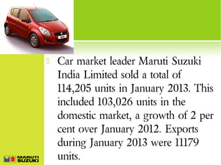 

Car market leader Maruti Suzuki
India Limited sold a total of
114,205 units in January 2013. This
included 103,026 units in the
domestic market, a growth of 2 per
cent over January 2012. Exports
during January 2013 were 11179
units.

 