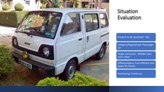 Situation
Evaluation
Product to be launched: Van
Category/Segmented: Passenger
car
Target consumer : Middle class
semi urban
Differentiation: Fuel efficient and
Space for family
Positioning: Family car
 