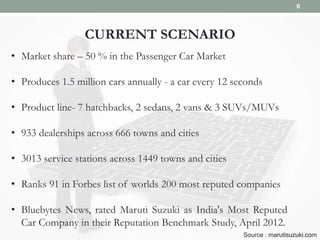 CURRENT SCENARIO
• Market share – 50 % in the Passenger Car Market
• Produces 1.5 million cars annually - a car every 12 seconds
• Product line- 7 hatchbacks, 2 sedans, 2 vans & 3 SUVs/MUVs
• 933 dealerships across 666 towns and cities
• 3013 service stations across 1449 towns and cities
• Ranks 91 in Forbes list of worlds 200 most reputed companies
• Bluebytes News, rated Maruti Suzuki as India's Most Reputed
Car Company in their Reputation Benchmark Study, April 2012.
Source : marutisuzuki.com
6
 