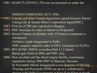 1981- MARUTI UDYOG LTD was incorporated on under the  INDIAN COMPANIES ACT, 1956. 1982- License and Joint Venture agreement signed between Maruti  Udyog Ltd. & Suzuki Motor Corporation Japan(SMC). 1987- First lot of 500 cars exported to Hungary 1992- SMC increases its stake in Maruti to 50 percent. 2002- Maruti Finance in Mumbai with 10 Finance companies is  introduced. Children’s park inaugurated in Delhi. SMC acquires majority stake in MUL (increases to 54.2%). 2003- IPO (JUNE- ISSUE oversubscribed 11.2 times) Maruti gets listed on BSE and NSE- July. 2006- New car plant and the diesel engine facility commences  operations during 2006-2007 at Manesar, Haryana. In November Maruti inaugurated a new Institute of Driving Training and Research( IDTR) set up as a collaborative  project with Delhi Government at Sarai Kale Khan in South Delhi.  