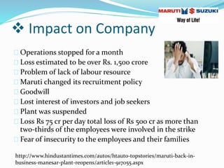  Impact on Company
Operations stopped for a month
Loss estimated to be over Rs. 1,500 crore
Problem of lack of labour resource
Maruti changed its recruitment policy
Goodwill
Lost interest of investors and job seekers
Plant was suspended
Loss Rs 75 cr per day total loss of Rs 500 cr as more than
two-thirds of the employees were involved in the strike
Fear of insecurity to the employees and their families
http://www.hindustantimes.com/autos/htauto-topstories/maruti-back-in-
business-manesar-plant-reopens/article1-917055.aspx
 