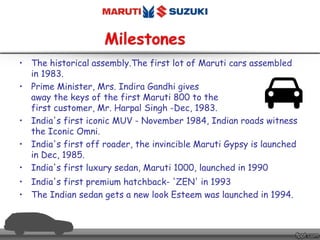 • The historical assembly.The first lot of Maruti cars assembled
in 1983.
• Prime Minister, Mrs. Indira Gandhi gives
away the keys of the first Maruti 800 to the
first customer, Mr. Harpal Singh -Dec, 1983.
• India's first iconic MUV - November 1984, Indian roads witness
the Iconic Omni.
• India's first off roader, the invincible Maruti Gypsy is launched
in Dec, 1985.
• India's first luxury sedan, Maruti 1000, launched in 1990
• India's first premium hatchback- 'ZEN' in 1993
• The Indian sedan gets a new look Esteem was launched in 1994.
 