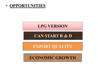 • OPPORTUNITIES



            LPG VERSION

          CAN START R & D

          EXPORT QUALITY

        ECONOMIC GROWTH
 