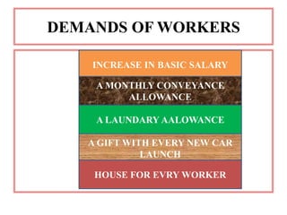 DEMANDS OF WORKERS

    INCREASE IN BASIC SALARY

    A MONTHLY CONVEYANCE
         ALLOWANCE

    A LAUNDARY AALOWANCE

   A GIFT WITH EVERY NEW CAR
             LAUNCH

    HOUSE FOR EVRY WORKER
 