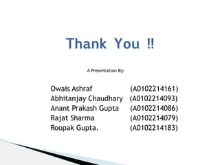 A Presentation By:

Owais Ashraf (A0102214161)
Abhitanjay Chaudhary (A0102214093)
Anant Prakash Gupta (A0102214086)
Rajat Sharma (A0102214079)
Roopak Gupta. (A0102214183)
Thank You !!
 