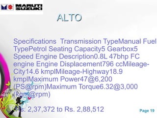 ALTO

Specifications Transmission TypeManual Fuel
TypePetrol Seating Capacity5 Gearbox5
Speed Engine Description0.8L 47bhp FC
engine Engine Displacement796 ccMileage-
City14.6 kmplMileage-Highway18.9
kmplMaximum Power47@6,200
(PS@rpm)Maximum Torque6.32@3,000
(kgm@rpm)

:Rs. 2,37,372 to Rs. 2,88,512
               Free Powerpoint Templates   Page 19
 