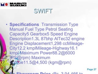 SWIFT

• Specifications Transmission Type
  Manual Fuel Type Petrol Seating
  Capacity5 Gearbox5 Speed Engine
  Description1.3L 87bhp AlTec32 engine
  Engine Displacement1,298 ccMileage-
  City12.2 kmplMileage-Highway16.1
  kmpl Maximum Power88.2@6000
  (PS@rpm) Maximum
  Torque11.5@4,500 (kgm@rpm)
              Free Powerpoint Templates   Page 27
 